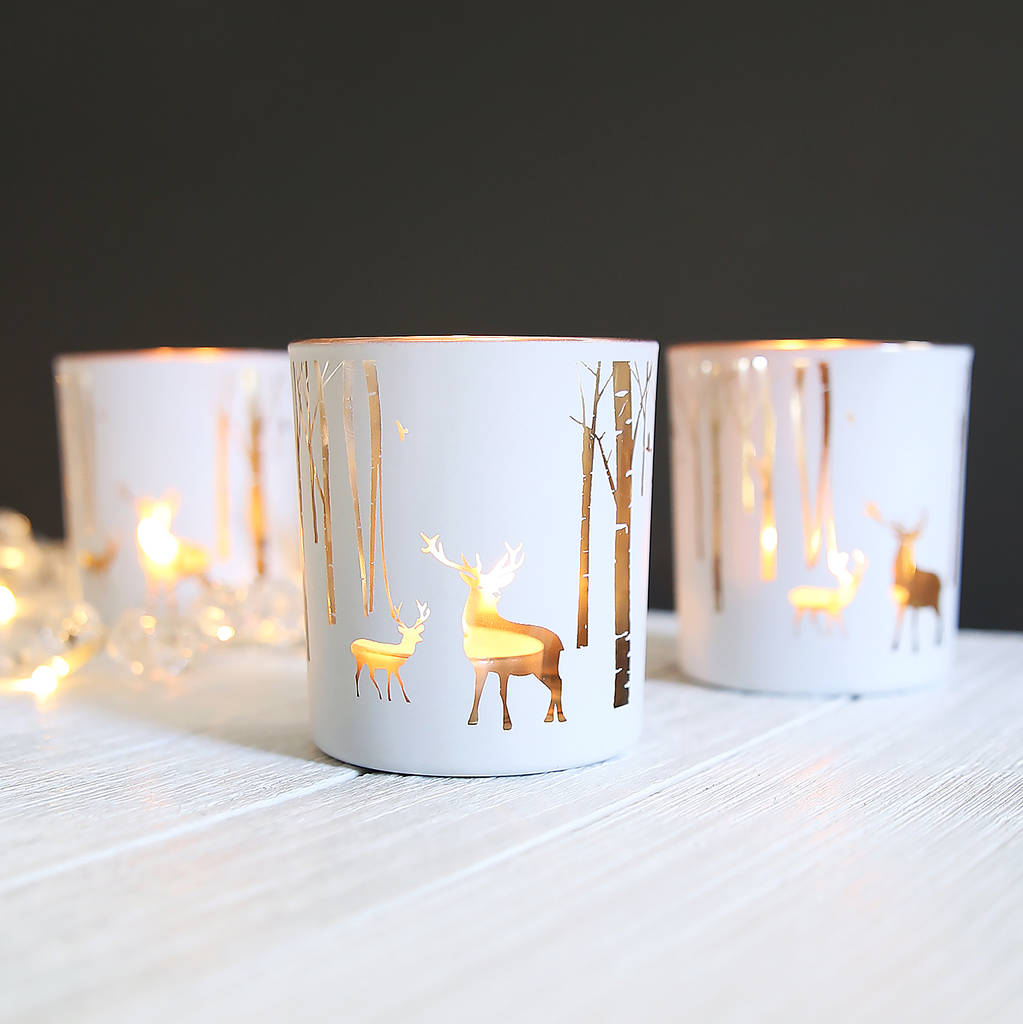 White Woodland Reindeer Tea Light Holder By Clem & Co