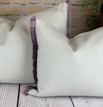 Velvet Optic White With Lilac Pink Fringe Cushion, 3 of 10