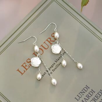 Julia Roses White Ivory Pearl Bouquet V Drop Flower Gift Earrings, 2 of 2