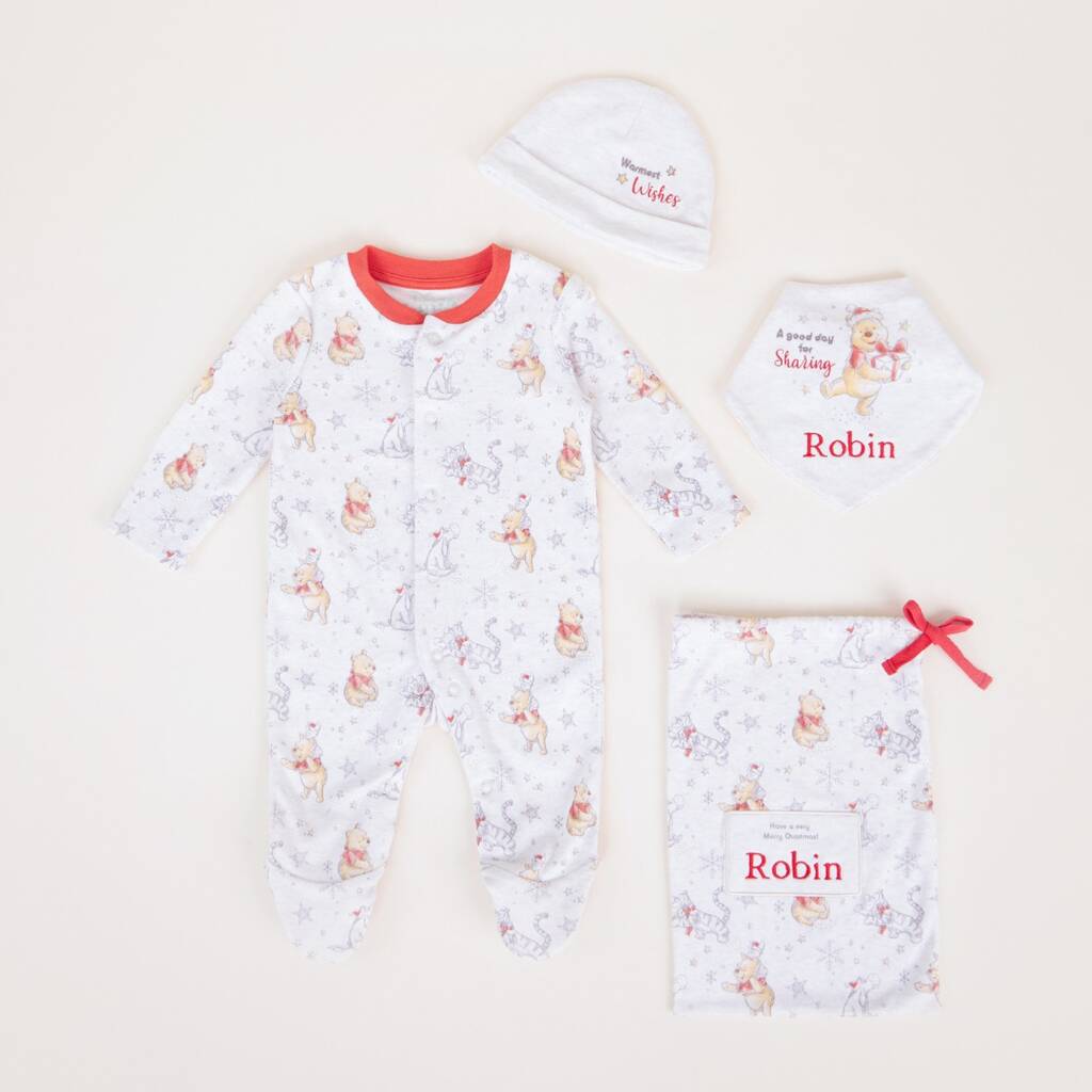 Personalised Winnie The Pooh Christmas Baby Outfit Set, 1 of 4