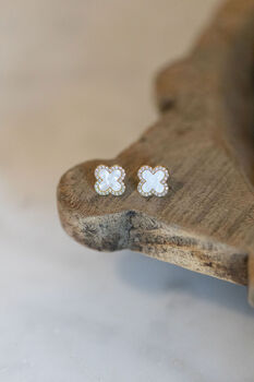 Crystal Encrusted Clover Earring In White And Gold, 2 of 3