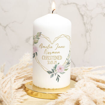 Geometric Floral Heart Christening Wax Pillar Candle, 2 of 4
