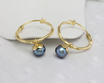 Peacock Pearl Molten Gold Hoop Earrings, 5 of 7