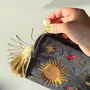 Personalised Velvet Travel Make Up Bag With Green Glitter Name – Embroidered Sun, Moon And Stars, thumbnail 8 of 10