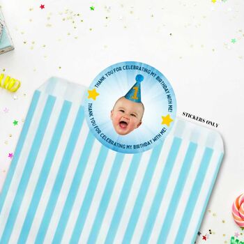 Personalised Party Bag Stickers With Photo And Party Hat, 2 of 5