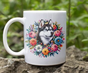 Personalised Husky Summer Floral Dog Wreath Cushion And Mug Gift Bundle, 2 of 4