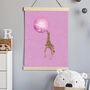 Giraffe Bubble Gum Pink Art Print Flying Original Print, thumbnail 1 of 4