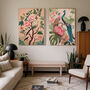 Set Of Two Chinoiserie Floral Dusky Pink Bird Art Prints, thumbnail 1 of 4