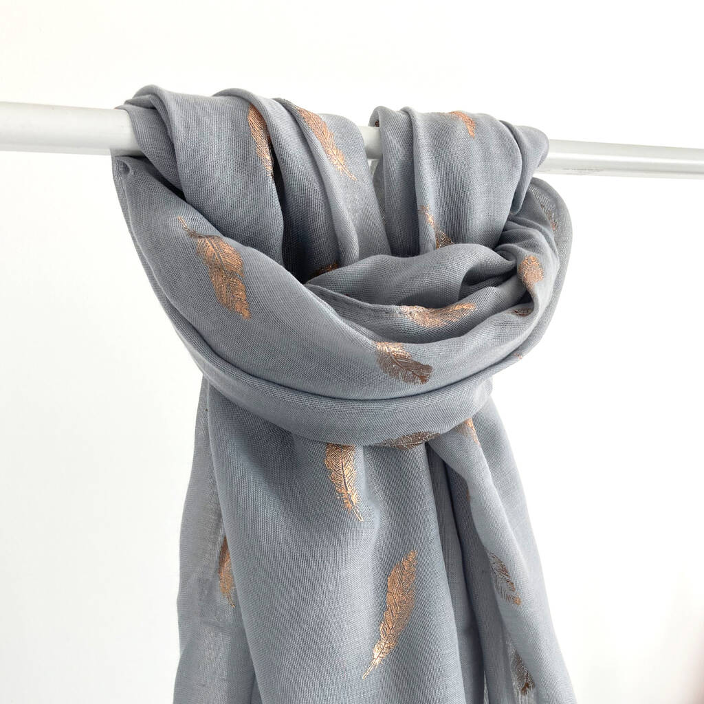 Rose Gold Feather Print Scarf By Hayley & Co