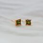 Rose Gold Princess Cut Birthstone Earrings August Peridot, thumbnail 1 of 4