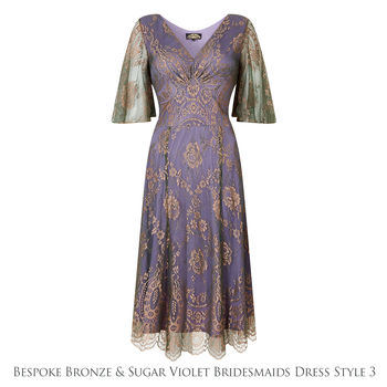 Bespoke Lace Bridesmaid Dresses In Bronze And Violet, 5 of 7