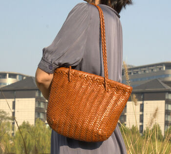 Hand Woven Genuine Leather Shopping Tote Bag, 11 of 12