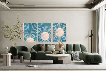Set Of Three Boho Sun Turquoise Blue Wall Art Prints, 4 of 4