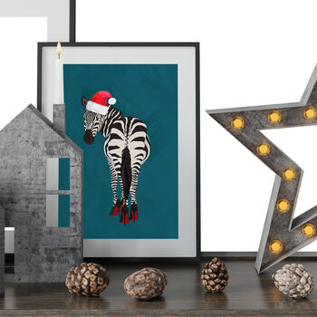 Christmas Turquoise Zebra In Heels Original Art Print, 3 of 5