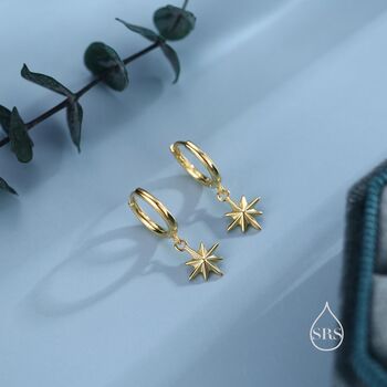 Sterling Silver Tiny Starburst Huggie Hoop Earrings, 3 of 10