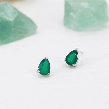 Sterling Silver Genuine Green Onyx Droplet Stud Earrings, 2 of 10