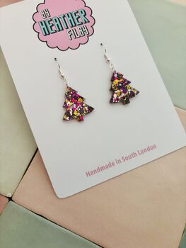 Purple And Gold Christmas Tree Glitter Earrings / Stocking Filler / Santa Present, 7 of 10