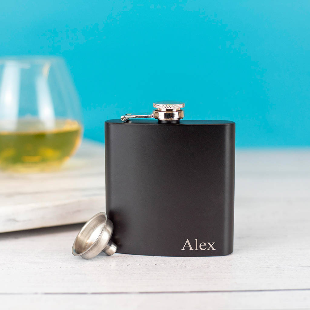Personalised Black Hip Flask With Funnel And Gift Box, 1 of 3
