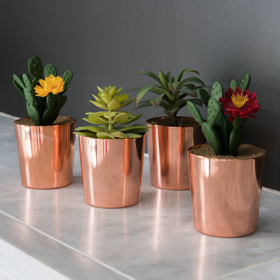 Set Of Four Faux Cacti In Copper Pots By I Love Retro