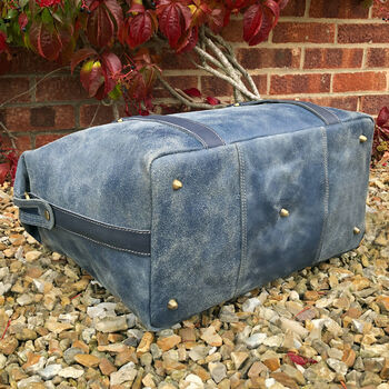 Blue Vintage Leather Holdall, Travel Bag, Gym Bag, 3 of 3