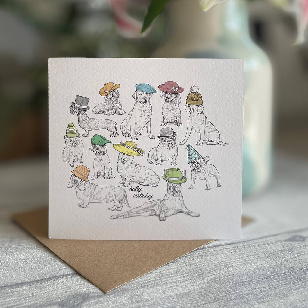 'Hatty Birthday' Illustrated Dogs In Hats Card, 1 of 2