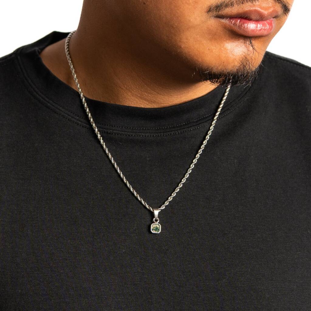 Silver Mini Moss Agate Gemstone Pendant Necklace For Men, 1 of 11