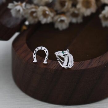 Sterling Silver Mismatched Horse Head And Horseshoe Stud Earrings, 4 of 12