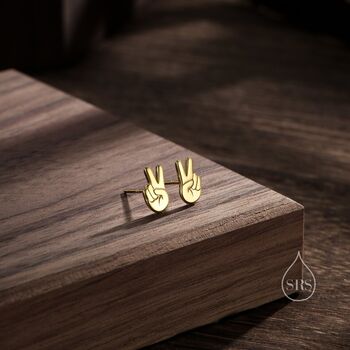 Peace Sign Hand Stud Earrings In Sterling Silver, 2 of 11