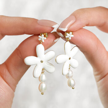 White Enamel Daisy Drop Earrings In Gold Plating, 3 of 6
