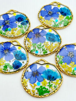 Pressed Blue Flowers Dangle Earrings Silver Or Gold, 3 of 11