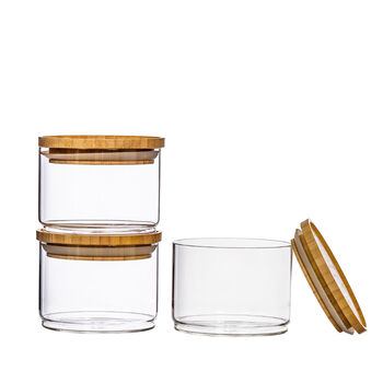 Set Of Three Glass And Bamboo Stacking Storage Jars, 4 of 4