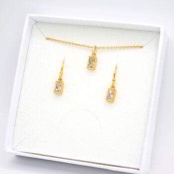 Gold Plated Clear Cubic Zirconia Rectangle Earring And Necklace Set, 2 of 9