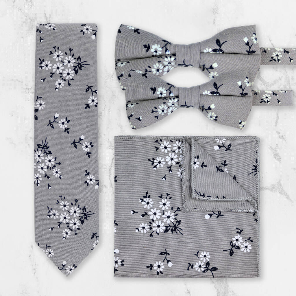 Wedding Handmade 100% Cotton Floral Print Tie In Grey, 1 of 9