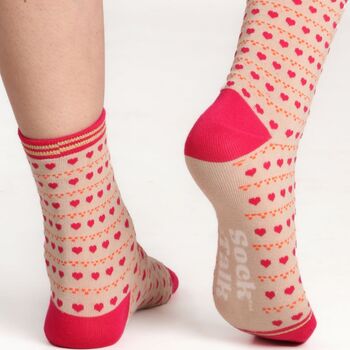 Women's Bamboo Socks Cream Pink Hearts Dots, 3 of 6