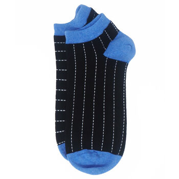 Thin Stripe Blue And Dash Black Men's Trainer Socks, 7 of 8