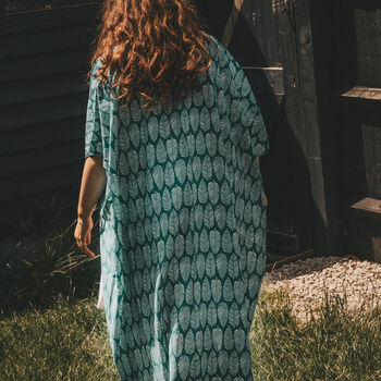 Turquoise Leaf Print Viscose Kimono, 3 of 4