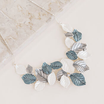 Matt Blue And Silver Tone Garden Leaf Necklace, 3 of 3