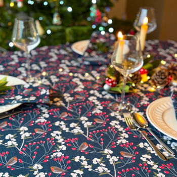Luxury Christmas Heavy Linen Feel Tablecloth Robin And Berries Navy, 2 of 7