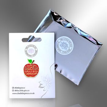 Choose Your Badge Colour – I Am A Teacher What's Your Superpower Apple Shaped Enamel Brooch Pin Badge, Ideal Gift For Teachers, 5 of 8