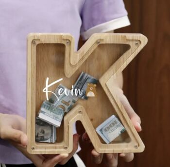 Hand Made Personalised Wooden Letter Money Boxes, 3 of 5