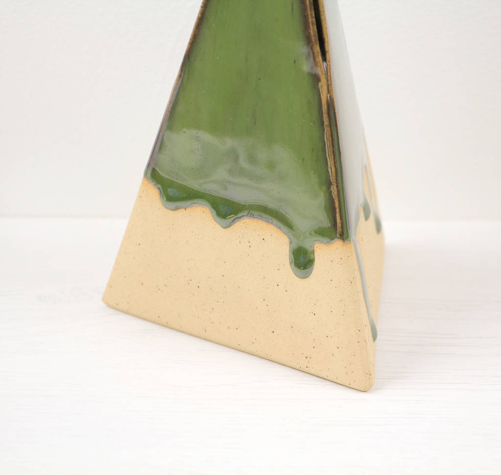 Handmade Ceramic Pyramid Vase With Drippy Green Glaze By Old