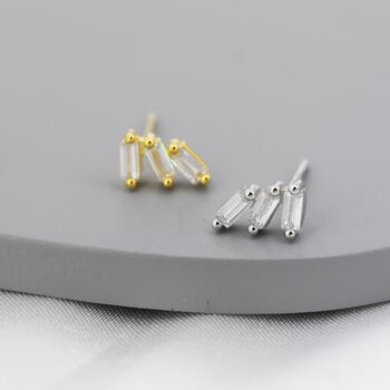 Sterling Silver Baguette Cz Trio Stud Earrings, 3 of 12