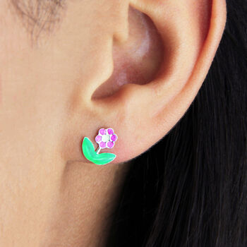 Sterling Silver Enamel Bright Pink Stud Earrings, 2 of 3