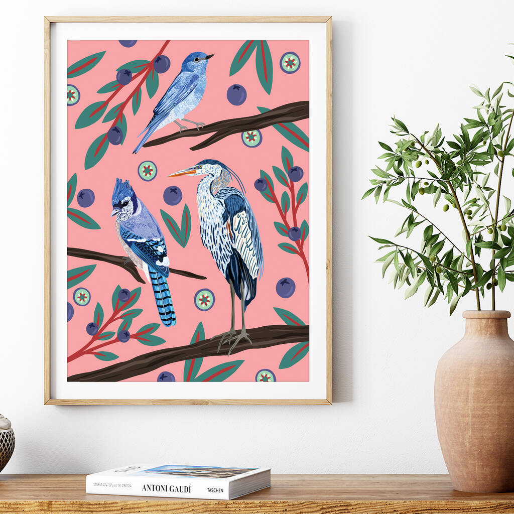 Blue Birds And Blueberries Print By Bea Baranowska Illustration