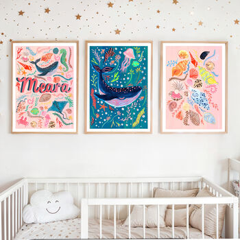 Personalised Pink Sea Life Name Print | Under The Sea Nursery Wall Art | Ocean Baby Name Print, 2 of 8