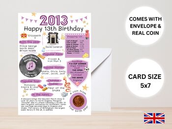 13th Birthday Card With 2013 Coin And Envelope Choose Your Colour, 3 of 3