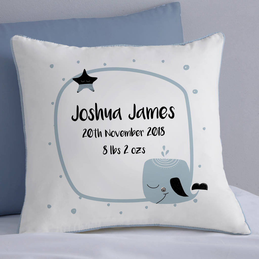 Personalised New Baby Whale Cushion, 1 of 3