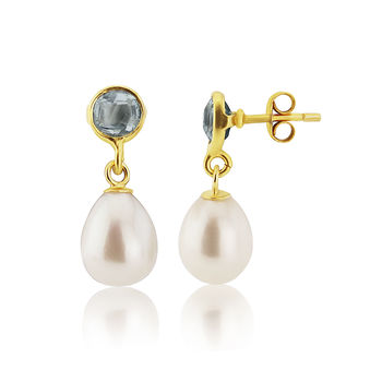 Blue Topaz Stud Earrings With Drop Pearl By Argent of London