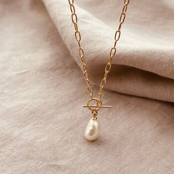 18ct Gold Plated T Bar Pearl Necklace, 4 of 5