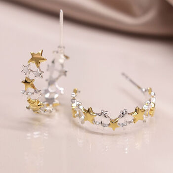 Sterling Silver And Yellow Gold Mixed Star Hoop Earrings, 6 of 10